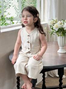 LMoss Kids LMoss Baby Girl Woven Plain Top And Loose Casual Pants Set, Setsisters Outfit - Apricot - View 8