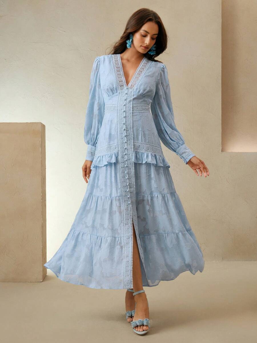 Anewsta Đầm Maxi Thanh Lịch Cổ Chữ V Tay Phồng Thắt Eo Trang Phục Nữ - Màu xanh lam - Xem 1