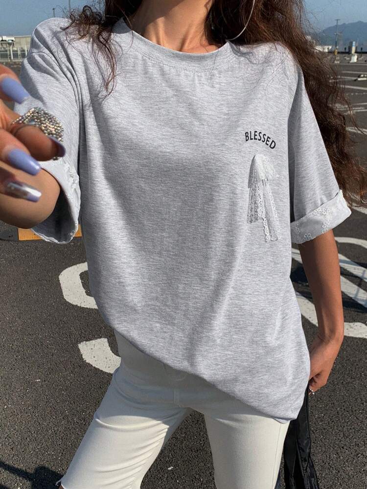 Women's Summer Lace Trim Casual Loose T-Shirt With Lace Decor At Front