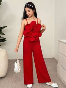 SHEIN Leap Crew Tween Girl Elegant Slim Fit Cami Jumpsuit With 3D Floral Decoration, Casual Versatile Suitable For Parties, Weddings, Spring & Summer - Red - View 1