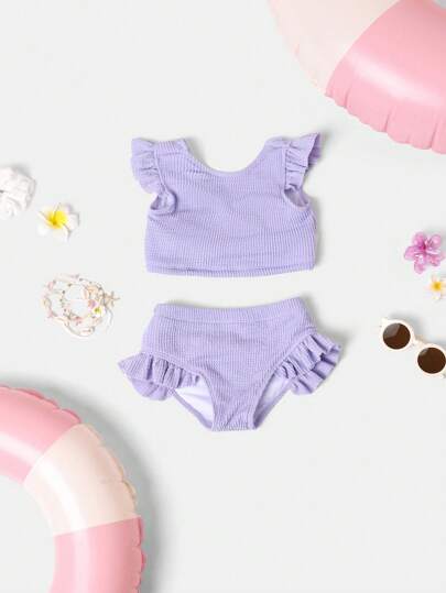 SUMWON 夏季海滩两件套纹理荷叶边飘袖泳衣高腰泳裤度假泳池派对游泳泳衣