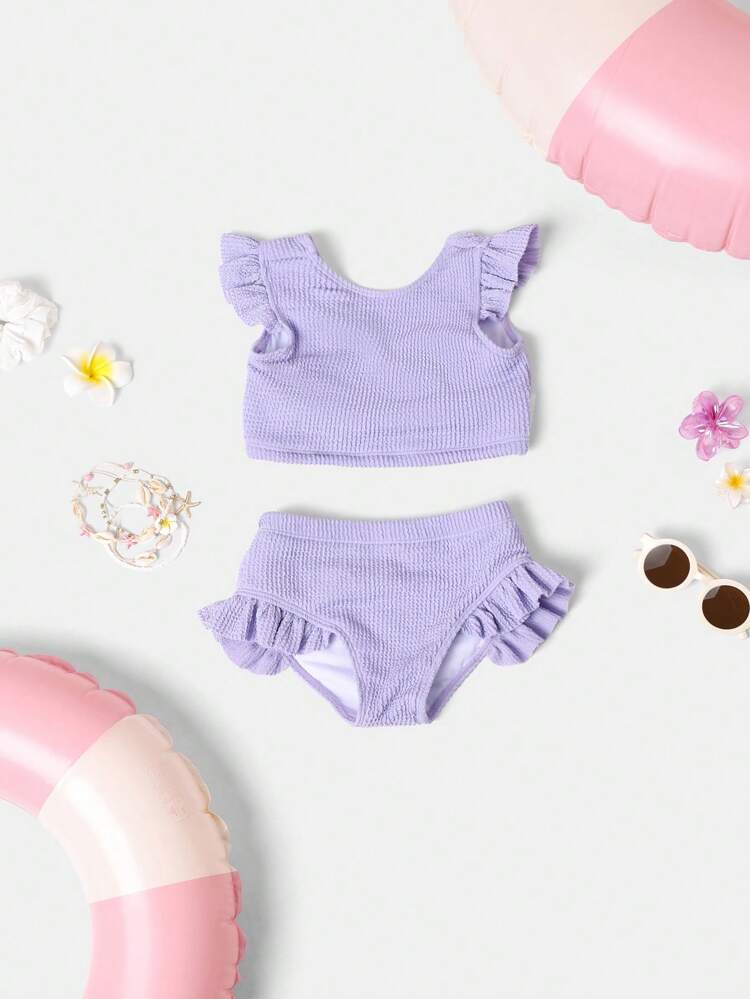 Two Piece Textured Ruffle Flutter Sleeve High Waist Bikini Set