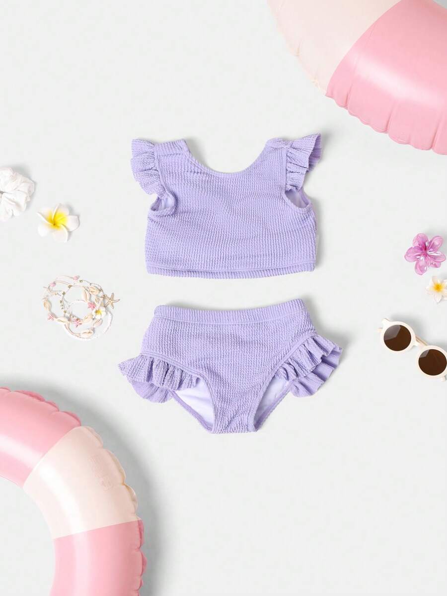 SUMWON 夏季海滩两件套纹理荷叶边飘袖泳衣高腰泳裤度假泳池派对游泳泳衣