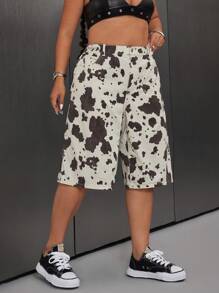 SHEIN Unity Pantalones cortos de mezclilla tipo bermuda con estampado de vaca desgastado para mujer de talla grande - Multicolor - Ver 7