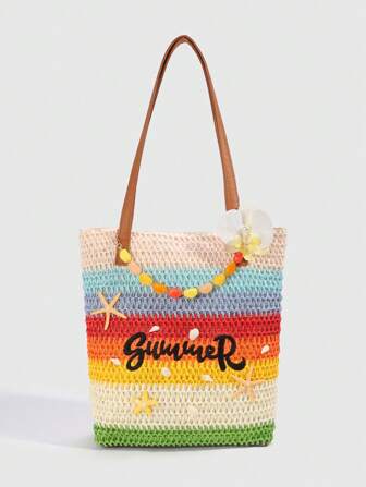 Fairycore 1 pieza Bolso de mano de mujer con decoración de perlas falsas, estilo de vacaciones en el océano, color arcoíris, Y2K, bolsa de playa de gran capacidad para primavera y verano, bolso con decoración floral de orquídea