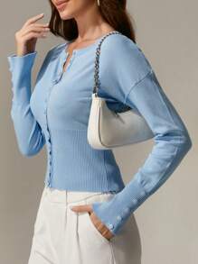 INAWLY Fashion Light Blue Bell Sleeve Cropped Button-Up Cardigan Fall Cloth For Women