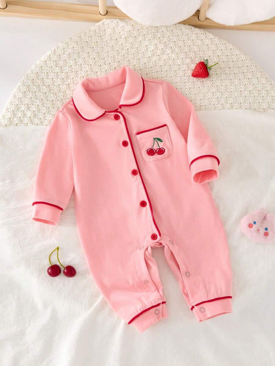 SHEIN Newborn Baby Girl Cartoon Cherry Embroidered Lapel Snap Long Pants Knit Soft Skincare Romper Pajama Set - Baby Pink - View 1