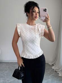 Elenzga Áo peplum tay ngắn in họa tiết chấm bi buộc phía trước cho nữ - Màu be - Xem 1