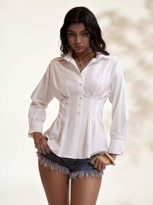 Easelle Summer Vacation Boho White Woven Long Sleeve Single-Breasted Waist-Cinched Blouse Classy Outfits For Women - White - View 4