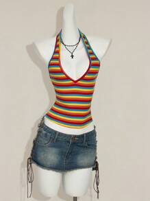 SHEIN ICON 性感深 V 领带挂脖彩虹条纹上衣