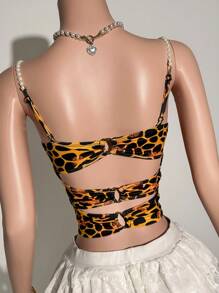 Slaydiva 2025 Summer New Style College Style Birthday Party Graduation Season Student Wear Daily Street Basic Versatile Leisure Vacation Cruise Travel Beach Seaside Sunbathing Popular Online Suspenders Pearl Necklace Leopard Print Sexy Backless Twist Summer Tops Women's Camisole - Multicolor - View 1