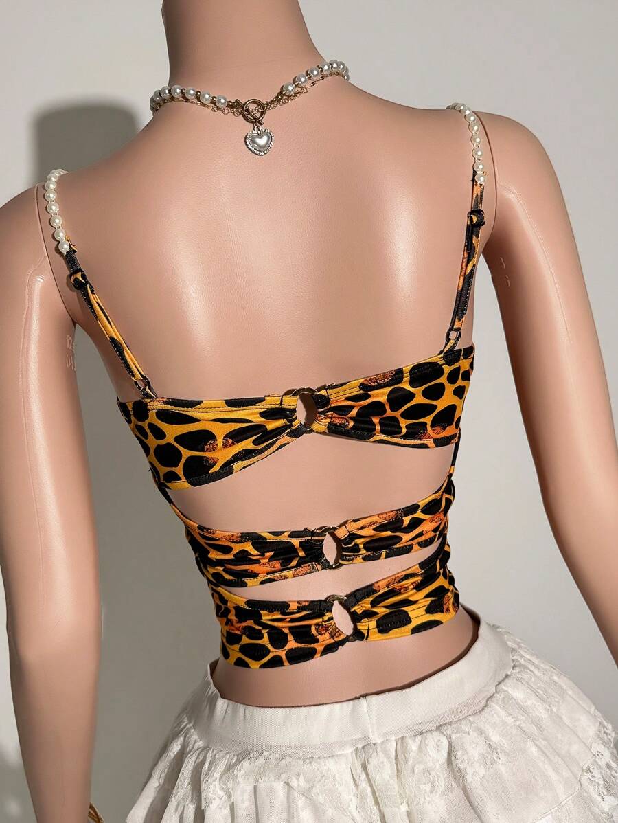 Slaydiva 2025 Summer New Style College Style Birthday Party Graduation Season Student Wear Daily Street Basic Versatile Leisure Vacation Cruise Travel Beach Seaside Sunbathing Popular Online Suspenders Pearl Necklace Leopard Print Sexy Backless Twist Summer Tops Women's Camisole - Multicolor - View 1