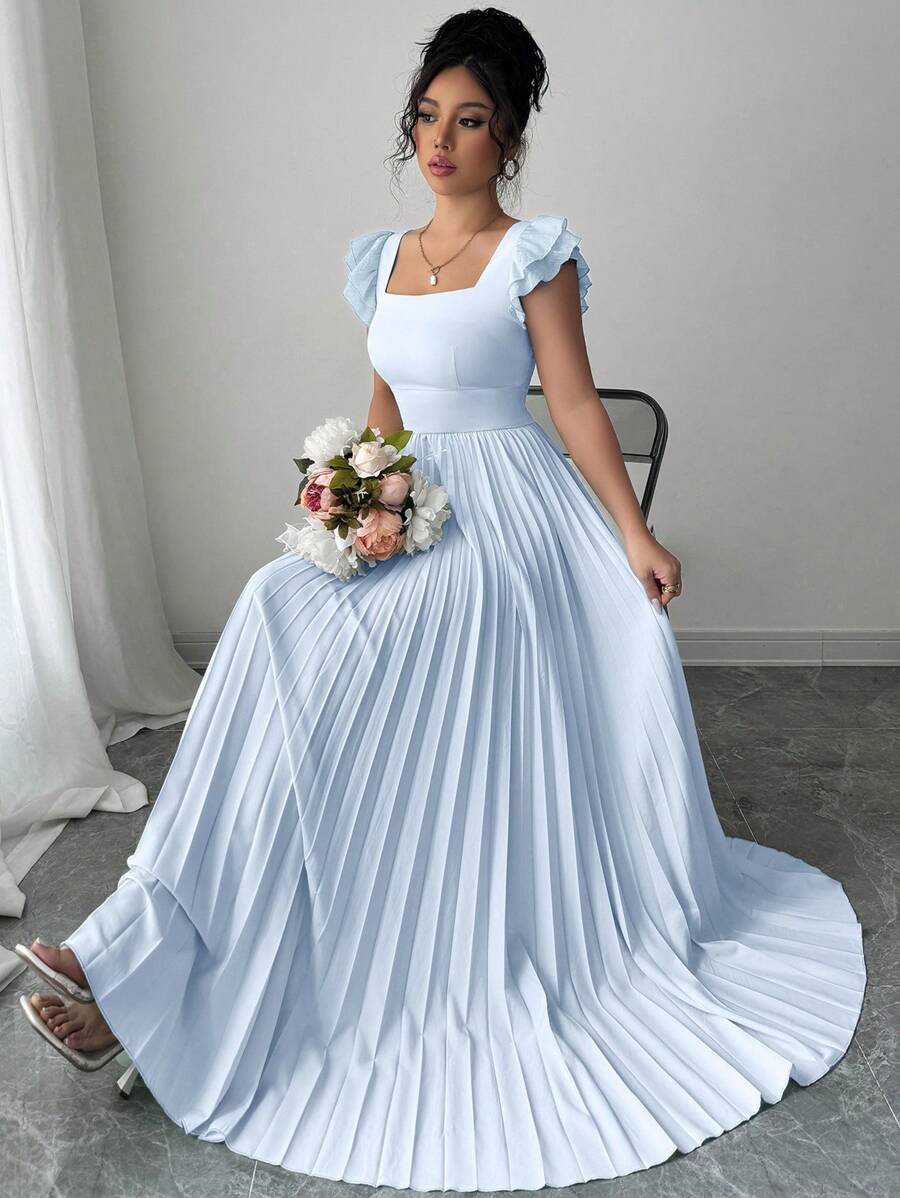 Elenzga 女士优雅纯色方领褶饰连衣裙 - 藍色 - 查看 1