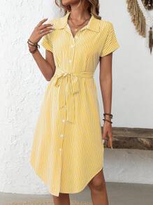 EMERY ROSE 女式节日休闲条纹前扣中长衬衫裙 - 黃色 - 查看 3