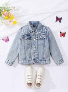 SHEIN Playful Pals 年轻女孩字母与蝴蝶刺绣牛仔长袖夹克 - 淺色水洗藍 - 查看 2