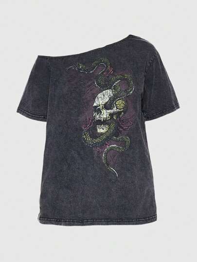Goth Camiseta holgada asimétrica con estampado de esqueleto de serpiente de inspiración natural para mujer