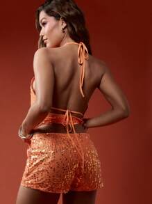 MISSGUIDED Sequin Booty Shorts Dance Performance High Waisted Party Festival Club Wear Sparkly Metallic Stretchy Hotpants Summer Spring Party Bottoms - Orange - View 2