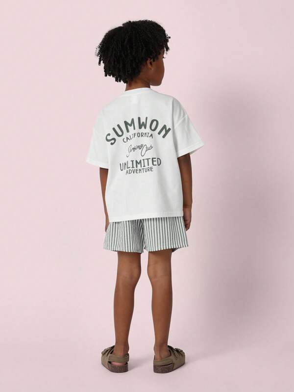 SUMWON Summer Cotton T-Shirt Co-Ord Set Adventure California Unlimited Statement Casual Stripe Shorts Travel Play Athletic Beach Resort Holiday Youth Boys