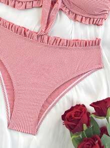 SHEIN 女士格纹印花荷叶边下摆抹胸性感泳衣套装，适合海滩度假 - 紅色 - 查看 5