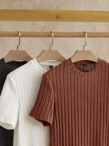 HIMLAND paquete de 3 camisetas de manga corta de cuello redondo de punto acanalado de ocio para hombres - Marrón - Ver 7