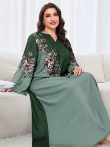 Al Najma Plus Size Women Floral Print V-Neck Long Sleeve Arabic Style Dress, Modest Kaftan - Green - View 5