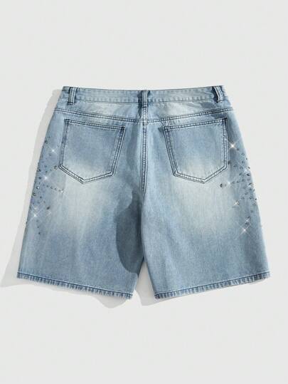 ROMWE Avant Shorts en jean décontractés et polyvalents pour hommes avec décoration de poche en diamant