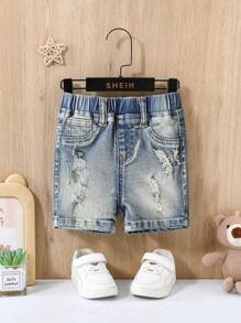 SHEIN Quần short denim xanh bó sát, phong cách retro, bạc màu, rách rưới, thời trang cho bé trai, thích hợp mặc hàng ngày mùa hè. - Rửa trung bình - Xem 1