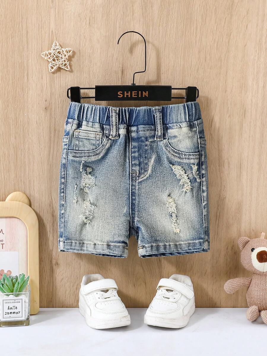 SHEIN Quần short denim xanh bó sát, phong cách retro, bạc màu, rách rưới, thời trang cho bé trai, thích hợp mặc hàng ngày mùa hè. - Rửa trung bình - Xem 1