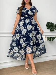 Ellevyn Plus Size Elegant Floral Print Dress,Navy Blue,Summer,Wedding Bridal Guest,Graduation Dresses For Women,Prom Party,Birthday,Graduation Outfit,Black - Multicolor - View 4