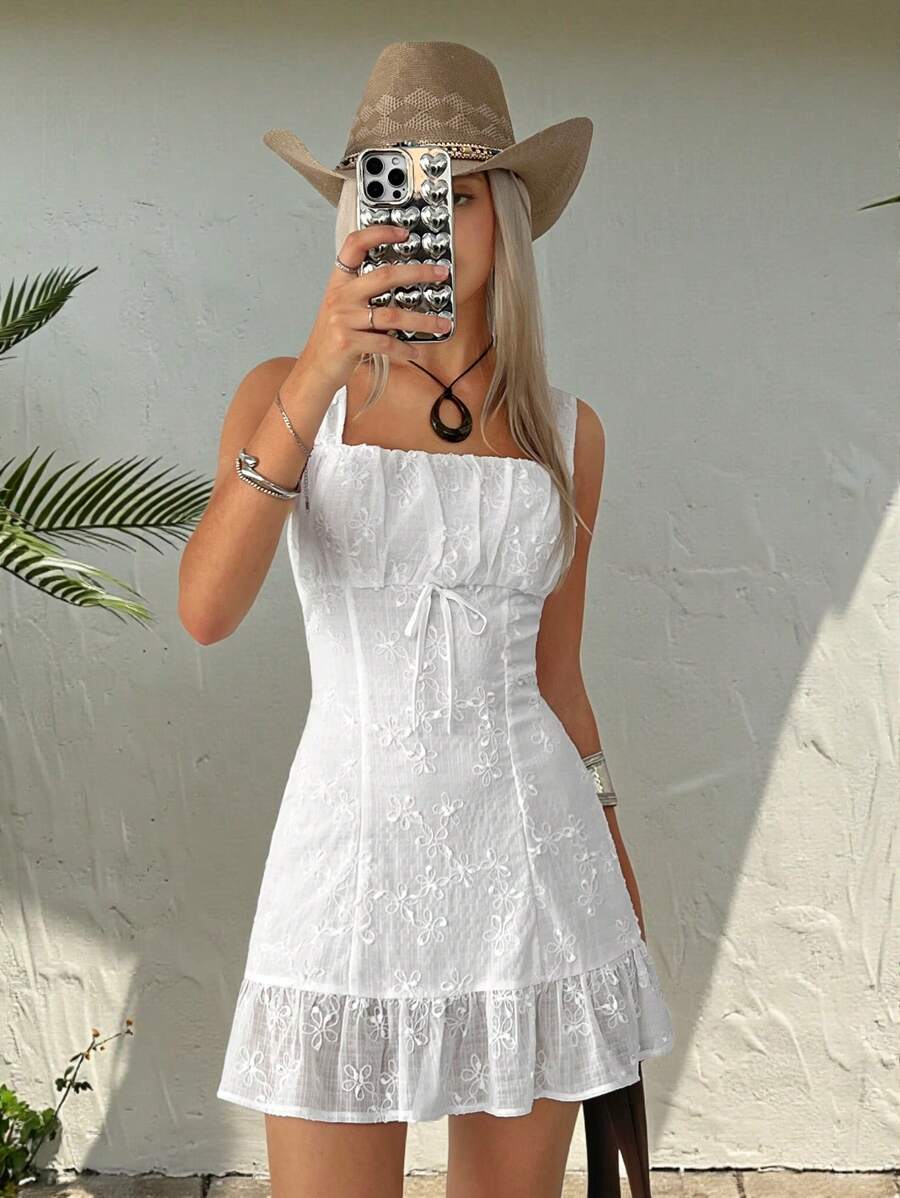 Easelle Women's Summer Clothing Vacation Romantic Bohemian Beach Casual Sweet White Embroidery Embroidery Front Tie Ruffles Small Flying Sleeves Suspender Mini Dress - White - View 1