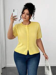 Elenzga Lightweight Crew Neck Plus Size Women Knitted Cardigan, Casual Slim, Sun Protection Suitable For Daily Commute And Outings, Summer & Autumn
