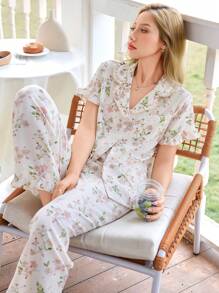 Dream Adore Conjunto de pijama con cardigan de manga corta de solapa con estampado floral y pantalones