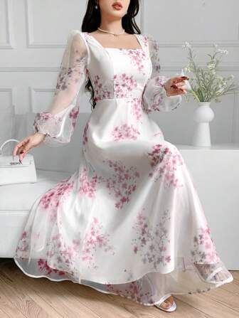 Feyla 女士花卉印花半透明长袖连衣裙