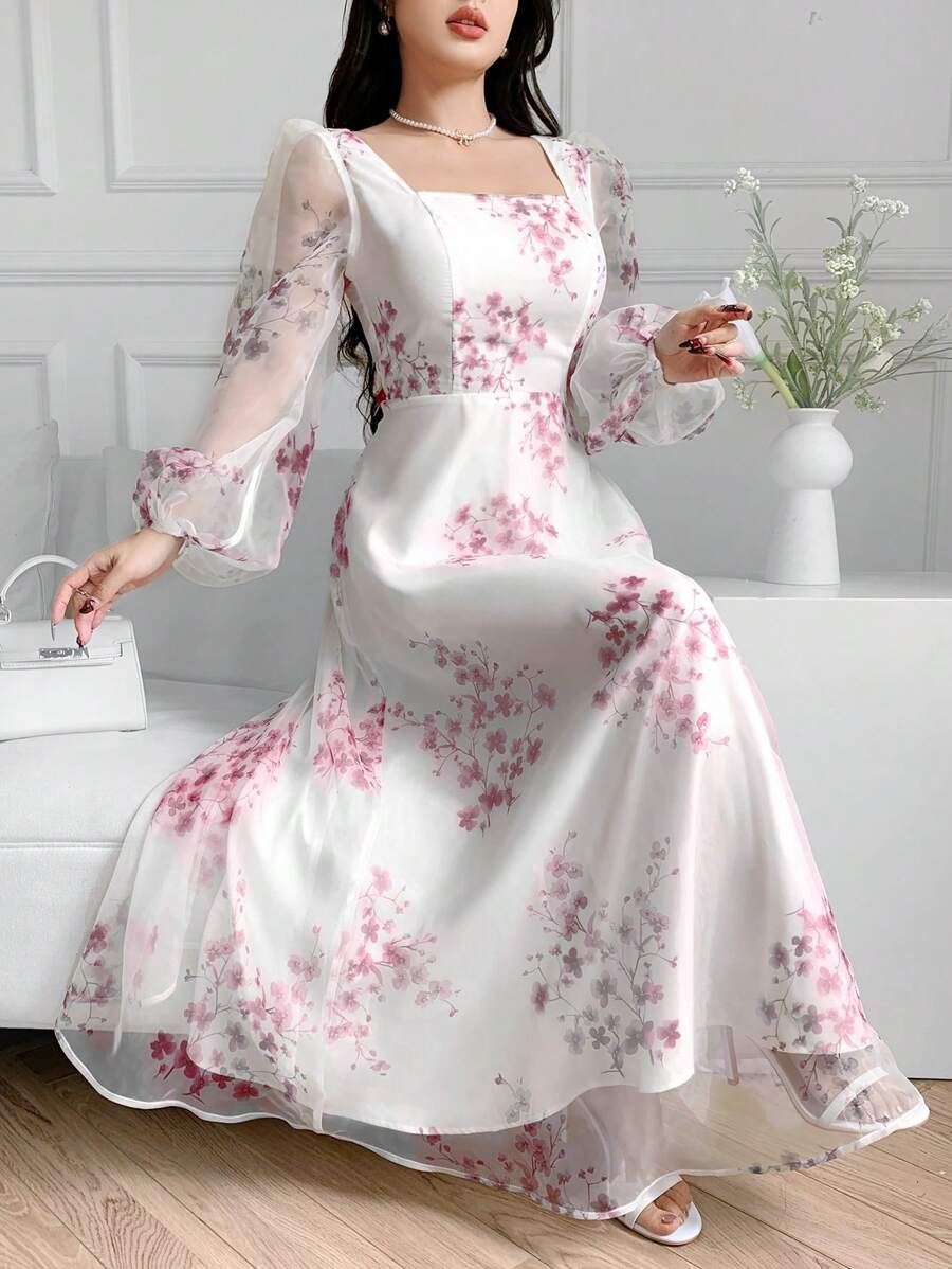 Feyla Women Floral Print Semi-Sheer Long Sleeve Dress,Bohemian Clothes - Red - View 1