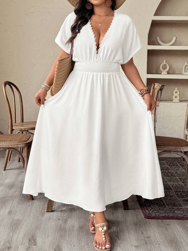 SHEIN CURVE+ Vestido de talla grande para mujer de ajuste holgado, con cuello blanco puro, mangas cortas y adornos de encaje - Blanco - Añade 4