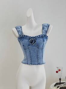 SHEIN MOD 女式牛仔休闲修身弹力上衣，蓝色，夏季上衣，短款上衣，女式束身衣上衣，露背上衣，可爱上衣，可爱夏季上衣，蓝色上衣，夏季，度假，女士生日上衣，7 月 4 日，商务休闲女装，女士外出上衣，生日，乡村音乐会 - 中等水洗藍 - 查看 5