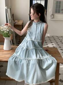 Hapijoa 女童无袖圆领牛仔连衣裙，夏季 - 淺色水洗藍 - 查看 1