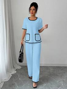 Elenzga 2pcs/Set Women Short Sleeve Top With Ruffle Trim & Pants - Blue - View 1