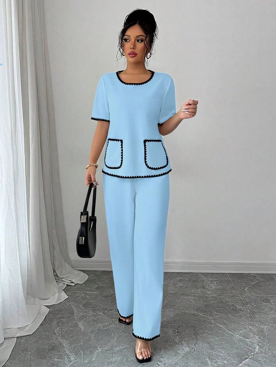 Elenzga 2pcs/Set Women Short Sleeve Top With Ruffle Trim & Pants - Blue - View 1