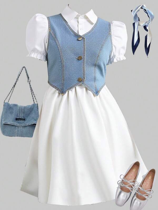 SHEIN 2buc/Set Teen Girl Summer Vest Vestă Denim Și Rochie Midi Albă, ținută Două Piese