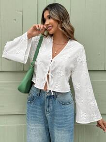 SHEIN Clasi 女士纯色立体刺绣前系带休闲夏季衬衫 - 白色 - 查看 4