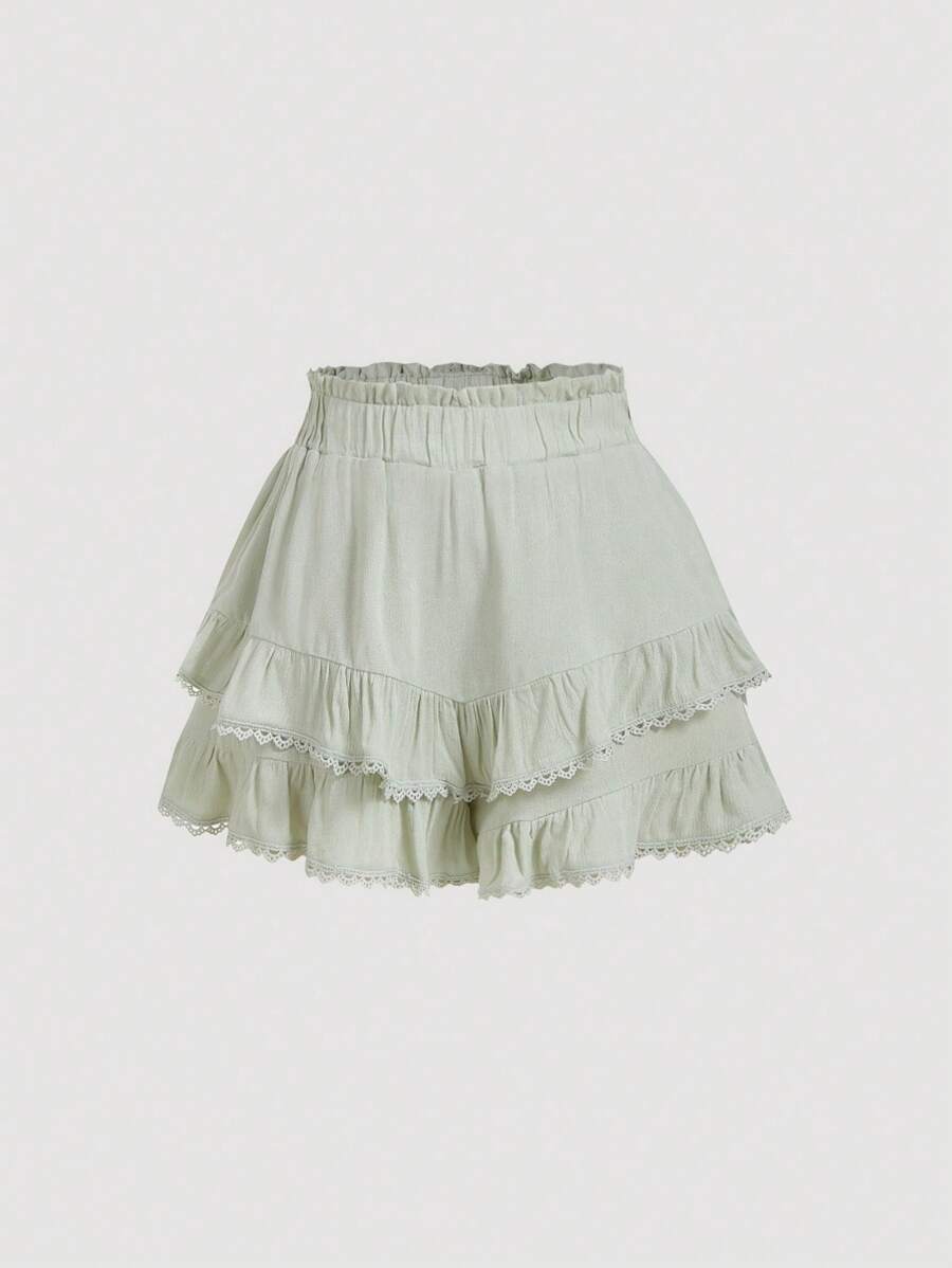 SHEIN MOD Women's Solid Color Ruffle Waist & Hem Loose Culottes - Mint Green - View 1