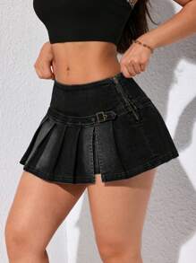 SHEIN ICON Women's Summer Fashionable Washed Details Mini Pleated Denim A-Line Skirt