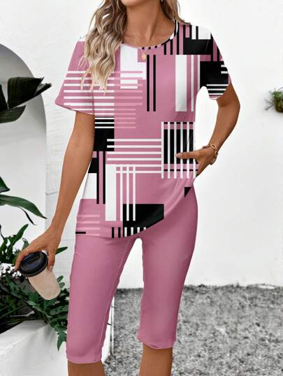 EMERY ROSE 2pcs Women's Simple Color Block Pattern Casual Set, Suitable For Summer Suitable For Going Out,Casual