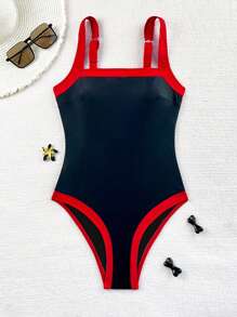 Swim Vcay 2026春夏女士可调节粗肩带黑红撞色拼接优雅修身连体泳衣 - 彩色 - 查看 8