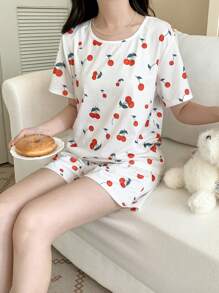 SHEIN Set de 2 piezas para adolescentes y niñas: Pijama informal de camiseta de manga corta de cuello redondo y pantalón corto con estampado de cerezas, conjunto de punto holgado para verano