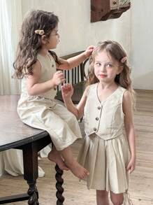 LMoss Kids LMoss Baby Girl Woven Plain Top And Loose Casual Pants Set, Setsisters Outfit - Apricot - View 7