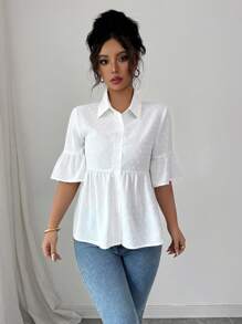 Elenzga Blusa casual de mujer de unicolor con mangas acampanadas y bajo con volantes para el verano - Blanco - Ver 3