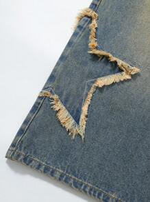 ROMWE MEN Street Life Men's Street Loose Fit Frayed Edge Star Pocket Contrast Color Casual Denim Jeans - Ginger - View 4