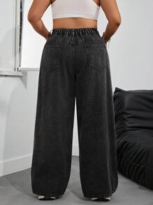 SHEIN PETITE CURVE Plus Size Casual Washed High Waist Wide-Leg Jeans - Black - View 2